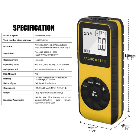 Tahometru laser foto fără contact 7.0-99.999 RPM, tester RPM pentru mașină (AIOMEST AI-9235C) [4]