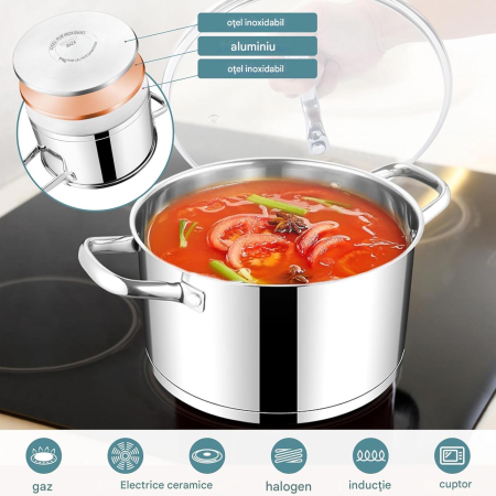 Oală mare din oțel inoxidabil 5,7L bază în 3 straturi compatibilă inducţie cu capac din sticlă [2]
