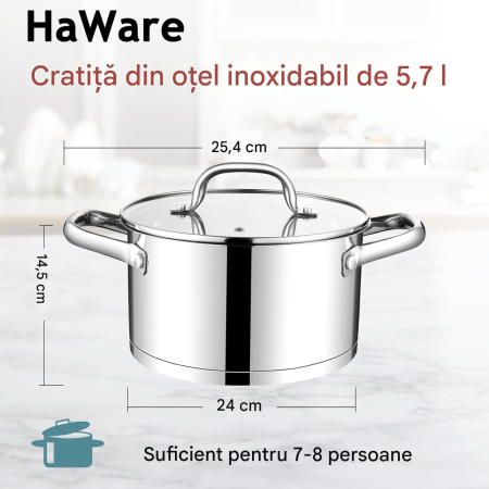Oală mare din oțel inoxidabil 5,7L bază în 3 straturi compatibilă inducţie cu capac din sticlă [1]