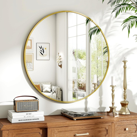 OGLINZI BAIE - Oglinda rotunda diametru 60 cm, cu rama metalica aurie si 2 cleme fixare