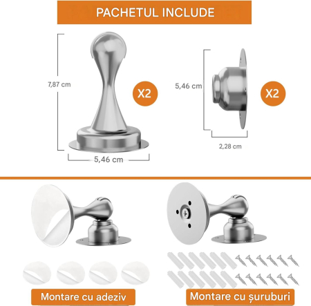 Opritor metalic argintiu pentru usi, cu retinere magnetica, fara gaurire, set 2 buc [4]