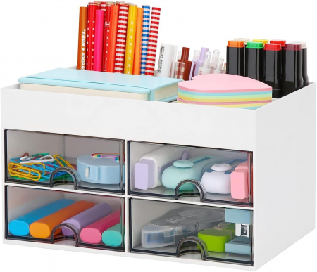 ACCESORII BIROU - Organizator alb de birou cu 6 compartimente, 4 sertare, 21 x 14,5 x 12,5 cm