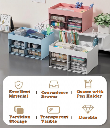 Organizator alb de birou cu 6 compartimente, 4 sertare, 21 x 14,5 x 12,5 cm [2]