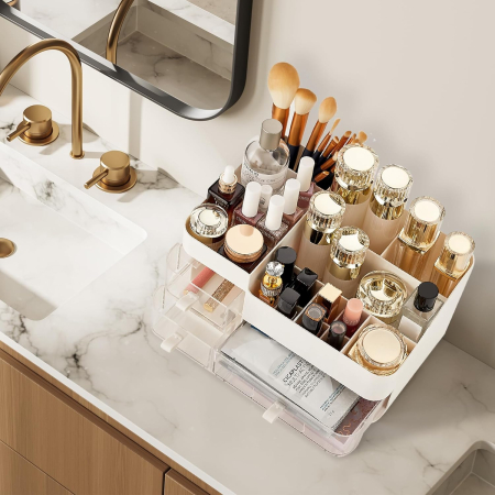 Organizator cosmetice, bijuterii, accesorii, cu 3 sertare si 14 compartimente Alb [3]