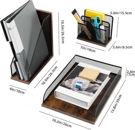 Organizator de birou din lemn cu plasa metal vintage, 3 piese individuale [5]