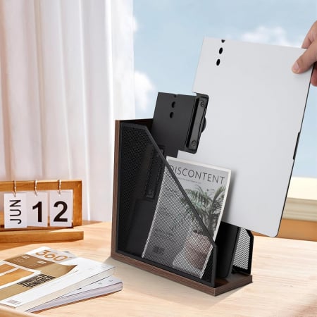 Organizator de birou din lemn cu plasa metal vintage, 3 piese individuale [2]