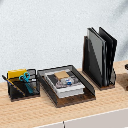 Organizator de birou din lemn cu plasa metal vintage, 3 piese individuale [6]