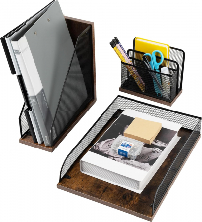 suporti depozitare - Organizator de birou din lemn cu plasa metal vintage, 3 piese individuale