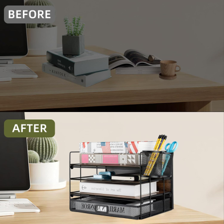Organizator de birou din lemn cu plasa metal vintage, 4 nivele [4]