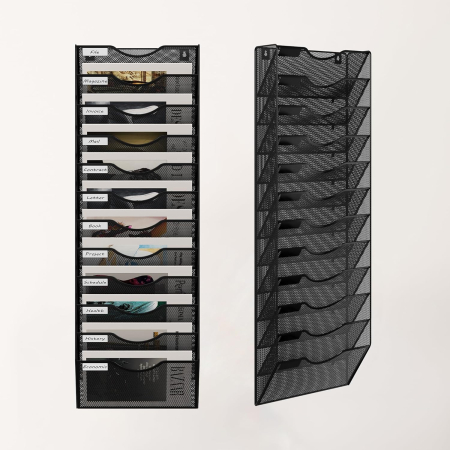 Organizator de birou din metal cu plasa, montat pe perete, 12 buzunare 32.5x10.1x96 cm [6]