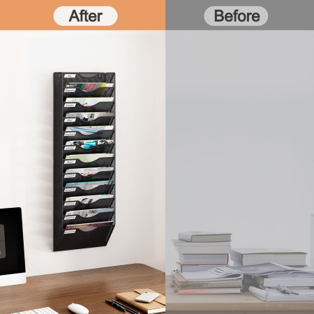 Organizator de birou din metal cu plasa, montat pe perete, 12 buzunare 32.5x10.1x96 cm [3]