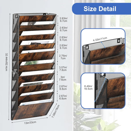 Organizator de birou din metal cu plasa, montat pe perete, 10 buzunare 33x18x82,4cm [3]