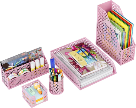 suporti depozitare - Organizator de birou dinplasa metal Roz, 5 piese individuale