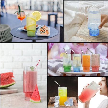 Pahare din sticla colorata 4, pentru racoritoare, cu 4 paie si perie de curatat-set [5]