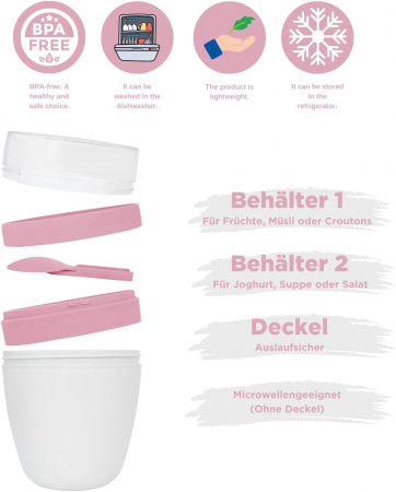 Pahare pentru pranz cu capac detasabil si lingurita, set 2 bucati de 650ml, roz+labastru [1]