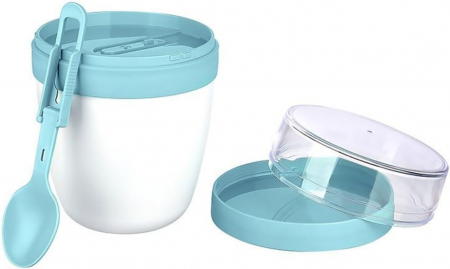 Pahare pentru pranz cu capac detasabil si lingurita, set 2 bucati de 650ml, roz+labastru [3]