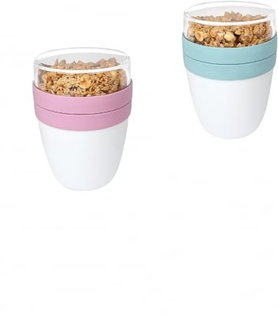CUTII ALIMENTARE - Pahare pentru pranz cu capac detasabil si lingurita, set 2 bucati de 650ml, roz+labastru