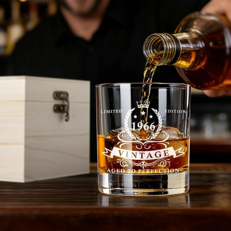 Pahar decolectie pentru  whisky inscriptionat 1966 in cutie de lemn pentru cadou [3]