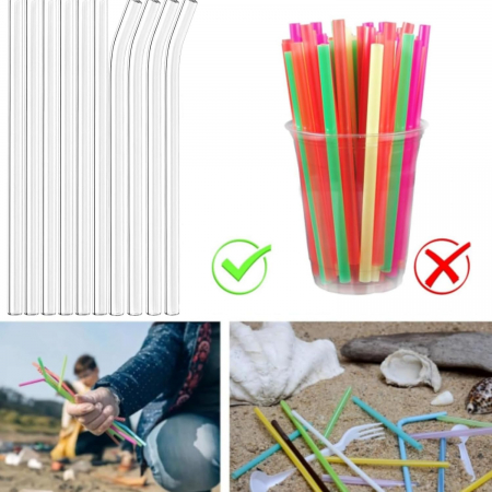 Paie de băut de sticlă reutilizabile, fără BPA- 12 paie curbate, 6 paie lungi drepte, cu 2 perii [1]
