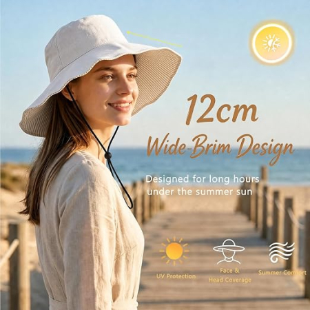 Pălărie de Soare Damă, Reversibilă, Boruri Largi, Alb Natural, M, circumferinta 58-60 cm [2]