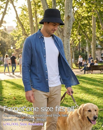 Pălărie Bucket Damă și Bărbați pentru Cap Mare, Bor Larg, Material Aspect In, Respirabilă, Șnur Reglabil, neagra 2XL [1]