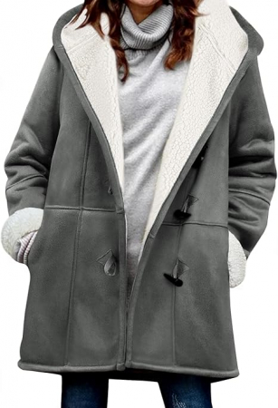 GECI FEMEI - Palton casual pentru femei, imblanit, cu gluga si buzunare, Gri M