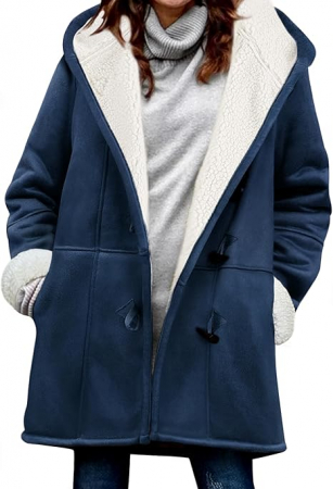 GECI FEMEI - Palton casual pentru femei, imblanit, cu gluga si buzunare, albastru S