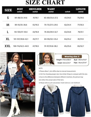 Palton casual pentru femei, imblanit, cu gluga si buzunare, albastru S [5]
