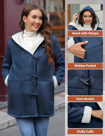 Palton casual pentru femei, imblanit, cu gluga si buzunare, albastru S [3]