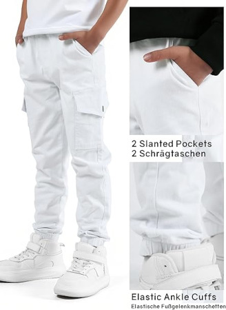 Pantaloni cargo pentru baieti, elastici la baza, 4 buzunare, Alb 170 [2]