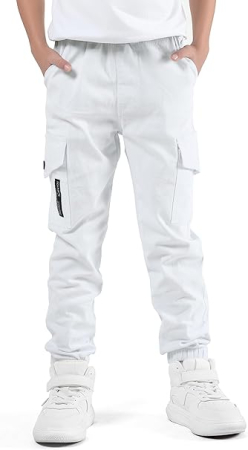 Pantaloni copii - Pantaloni cargo pentru baieti, elastici la baza, 4 buzunare, Alb 170