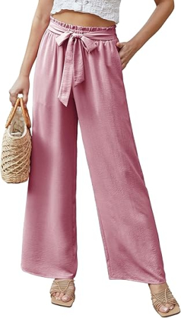 Pantaloni casual lejeri pentru femei, cu buzunare si snur in talie, Roz L [1]