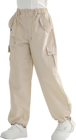 PANTALONI - Pantaloni crem Cargo Fete 14-15 Ani, inaltime 170 cm, Croi Larg, Talie Reglabila, Material Ușor