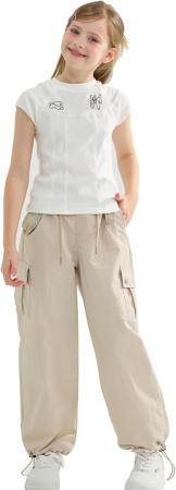 Pantaloni crem Cargo Fete 14-15 Ani, inaltime 170 cm, Croi Larg, Talie Reglabila, Material Ușor [3]