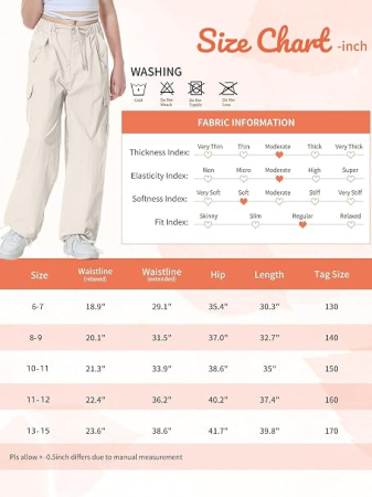 Pantaloni crem Cargo Fete 14-15 Ani, inaltime 170 cm, Croi Larg, Talie Reglabila, Material Ușor [4]