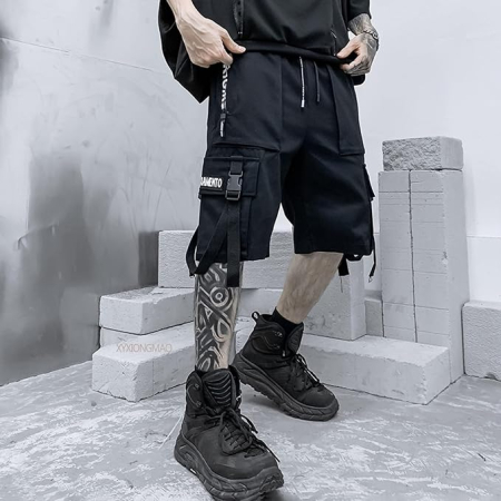 Pantaloni Scurți mov Bărbați Techwear Cargo, 6 Buzunare, Talie Elastică Reglabilă, Tactical Streetwear, L [1]