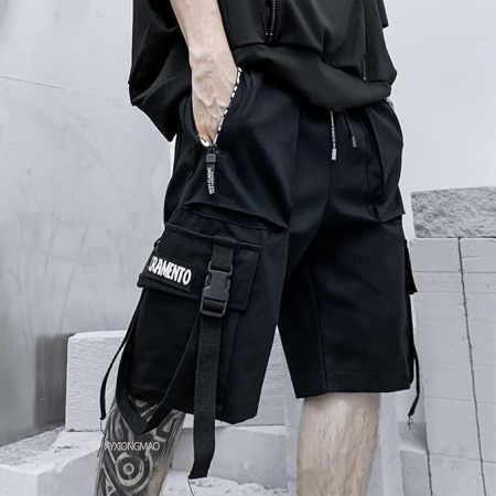 Pantaloni Scurți mov Bărbați Techwear Cargo, 6 Buzunare, Talie Elastică Reglabilă, Tactical Streetwear, L [5]