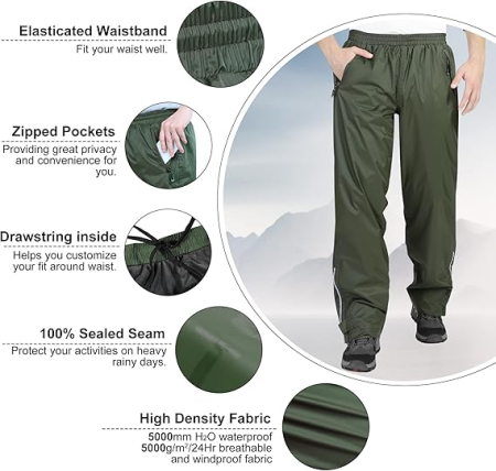 Pantaloni de Ploaie Impermeabili pentru Bărbați Ușori Rezistenți la Vânt - Verzi M [4]