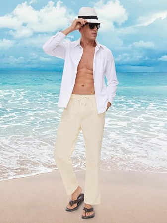 Pantaloni drepti din bumbac pentru bărbați, subtiri si respirabili, crem 2XL [4]