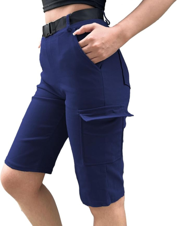 Pantaloni dama - Pantaloni scurți albastri cargo damă, talie înaltă, elastici – Utility Shorts cu buzunare și șnur, L