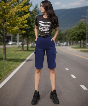 Pantaloni scurți albastri cargo damă, talie înaltă, elastici – Utility Shorts cu buzunare și șnur, S [4]