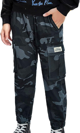 IMBRACAMINTE - Pantaloni jogging cargo pentru copii cu elastic jos, camuflaj marin 146-152 cm