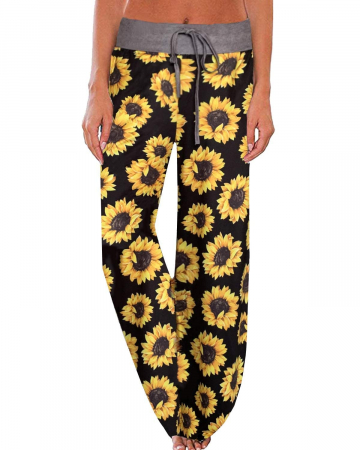 Pantaloni sport dama - Pantaloni largi, sport, pentru femei, negri cu flori galbene marimea XXL