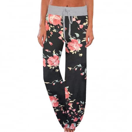 Pantaloni sport dama - Pantaloni largi, sport, pentru femei, negri cu flori marimea XXL