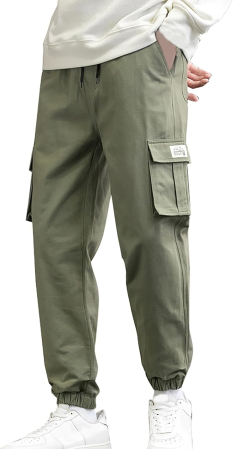 Pantaloni cargo pentru baieti, elastici la baza, 4 buzunare, verde militar 158-164 cm [4]