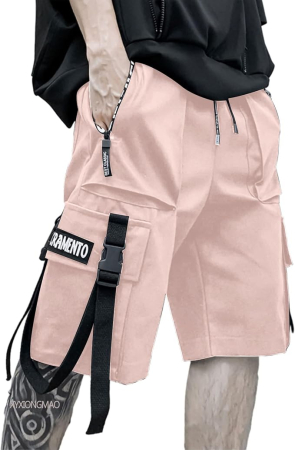 PANTALONI BARBATI - Pantaloni Scurți roz Bărbați Techwear Cargo, 6 Buzunare, Talie Elastică Reglabilă, Tactical Streetwear, XL