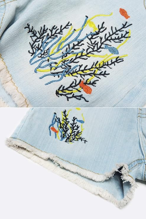 Pantaloni scurti pentru fete 9-10 ani, albastri cu broderie [5]
