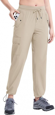 Pantaloni sport respirabili pentru femei, cu buzunare si snur in talie, crem L [3]
