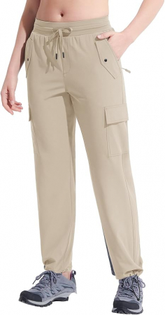Pantaloni sport respirabili pentru femei, cu buzunare si snur in talie, crem L [2]