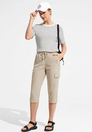 Pantaloni sport respirabili pentru femei, cu buzunare si snur in talie, 3 sferturi crem 2XL [4]